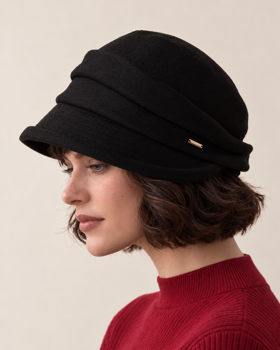 Layered twill cloche hat, black side