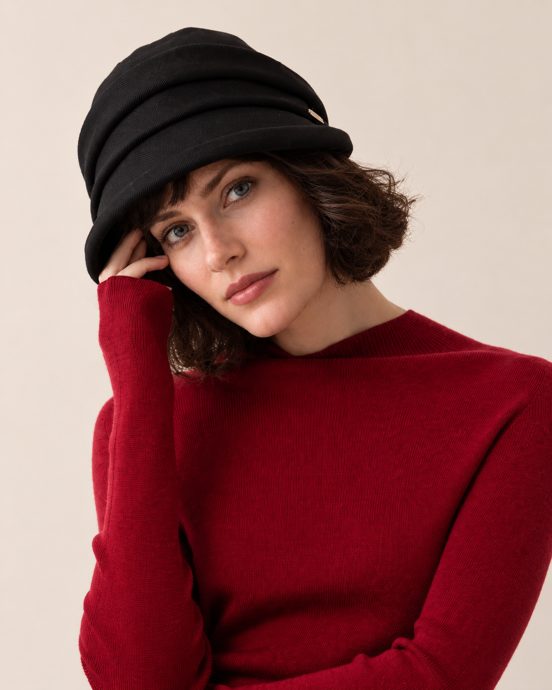 Layered twill cloche hat, black tilt