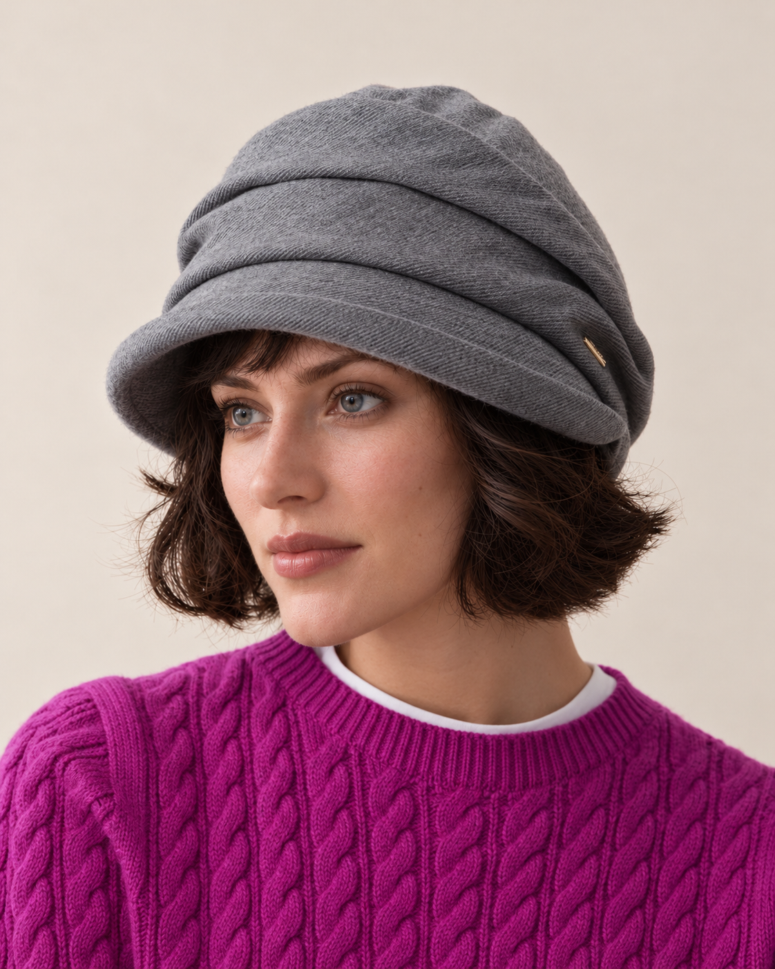 Layered twill cloche hat, grey front