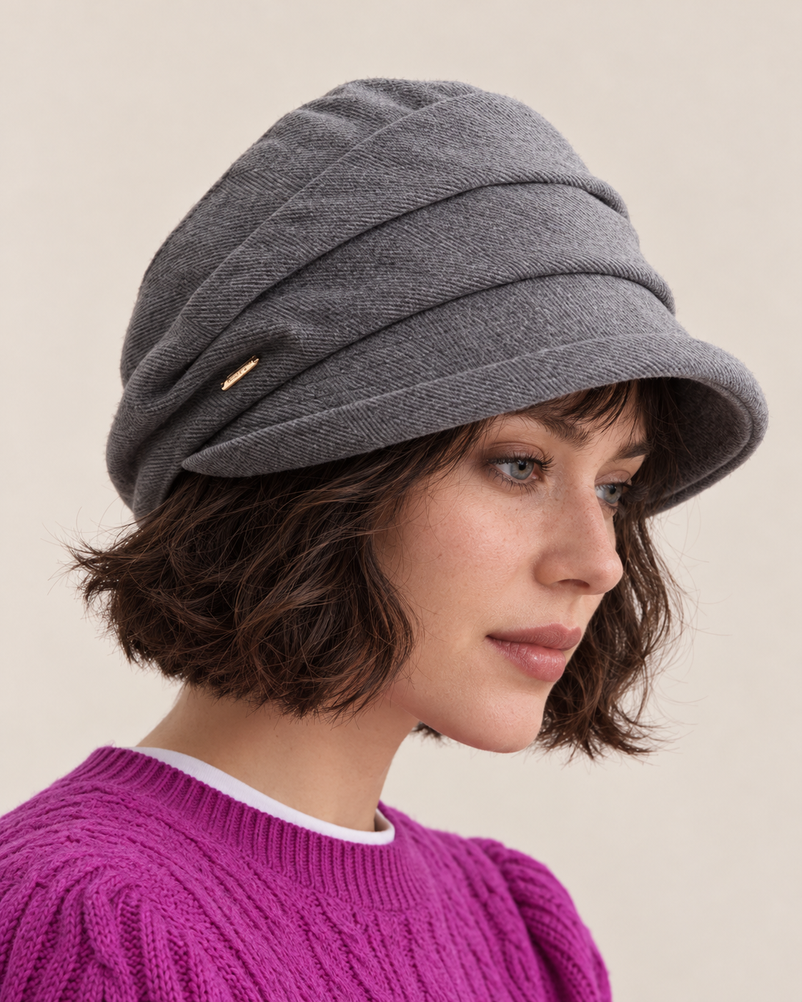 Layered twill cloche hat, grey side
