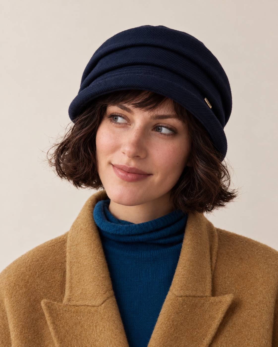 Layered twill cloche hat, navy front
