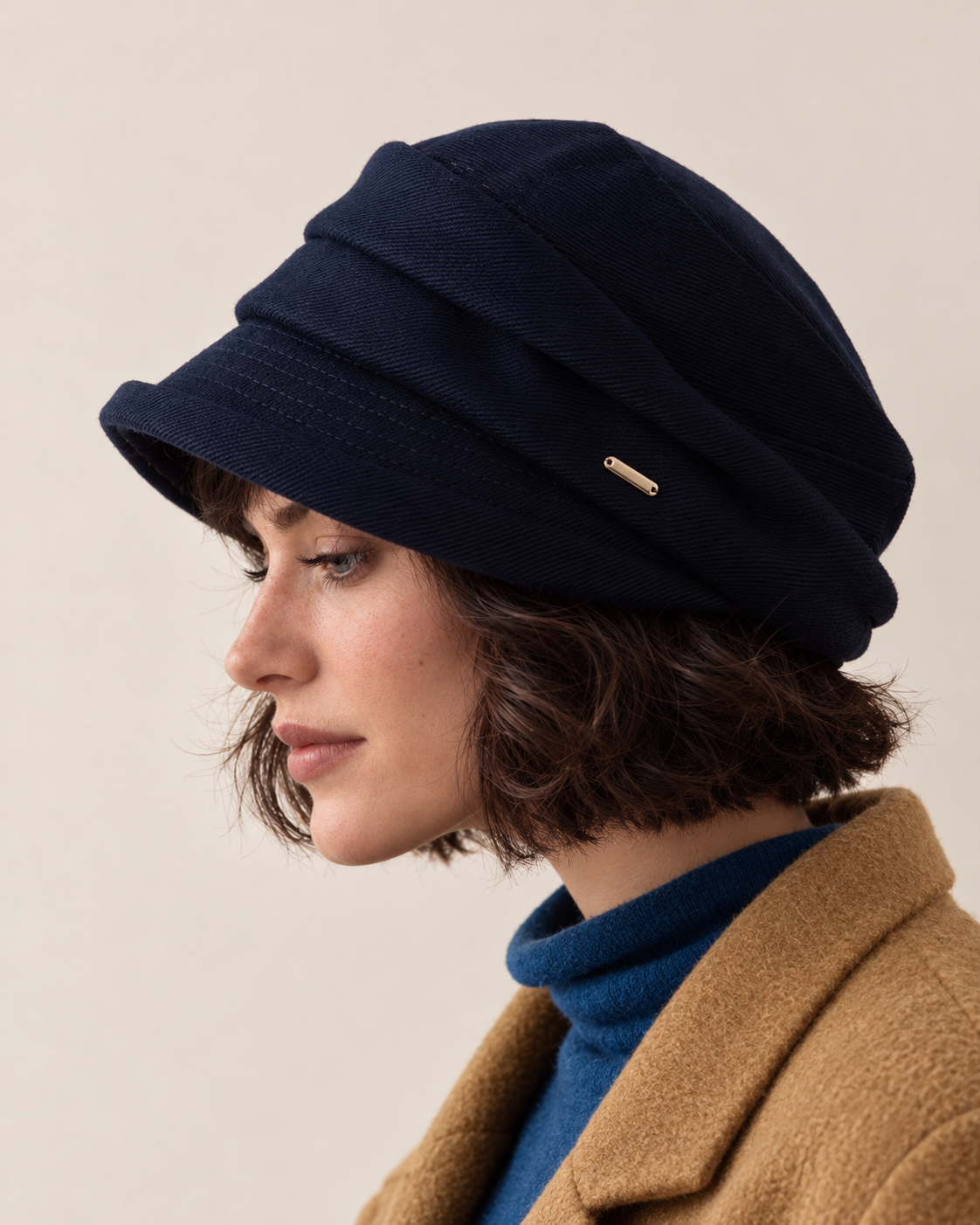 Layered twill cloche hat, navy side