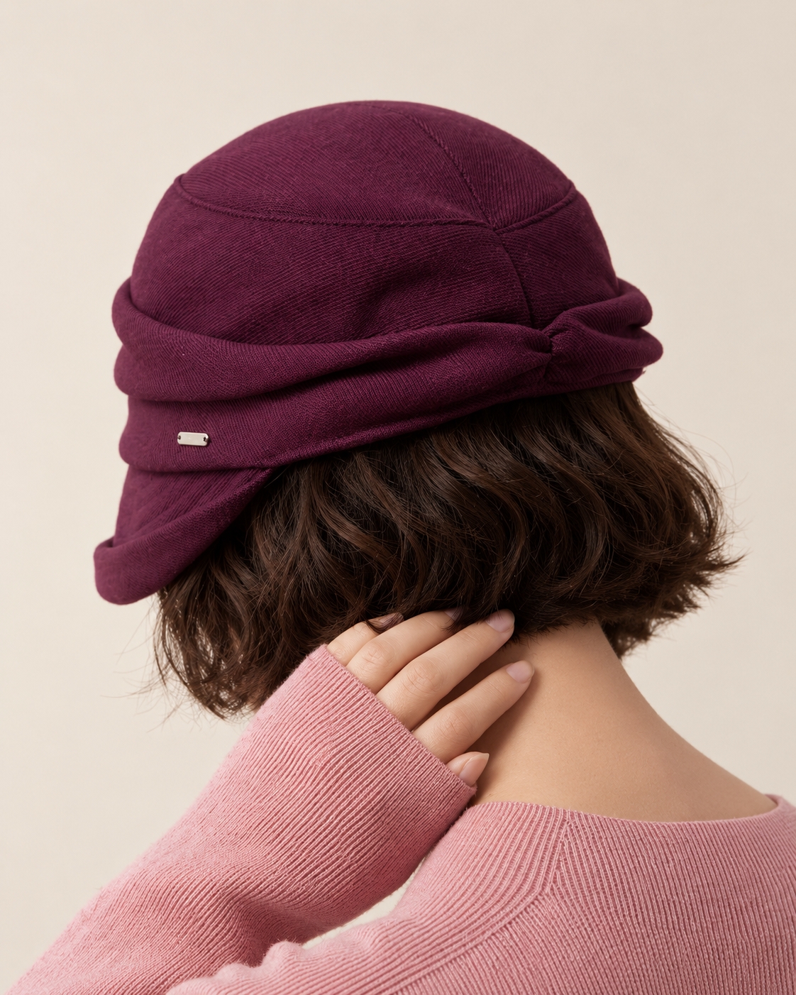 Layered twill cloche hat, plum back