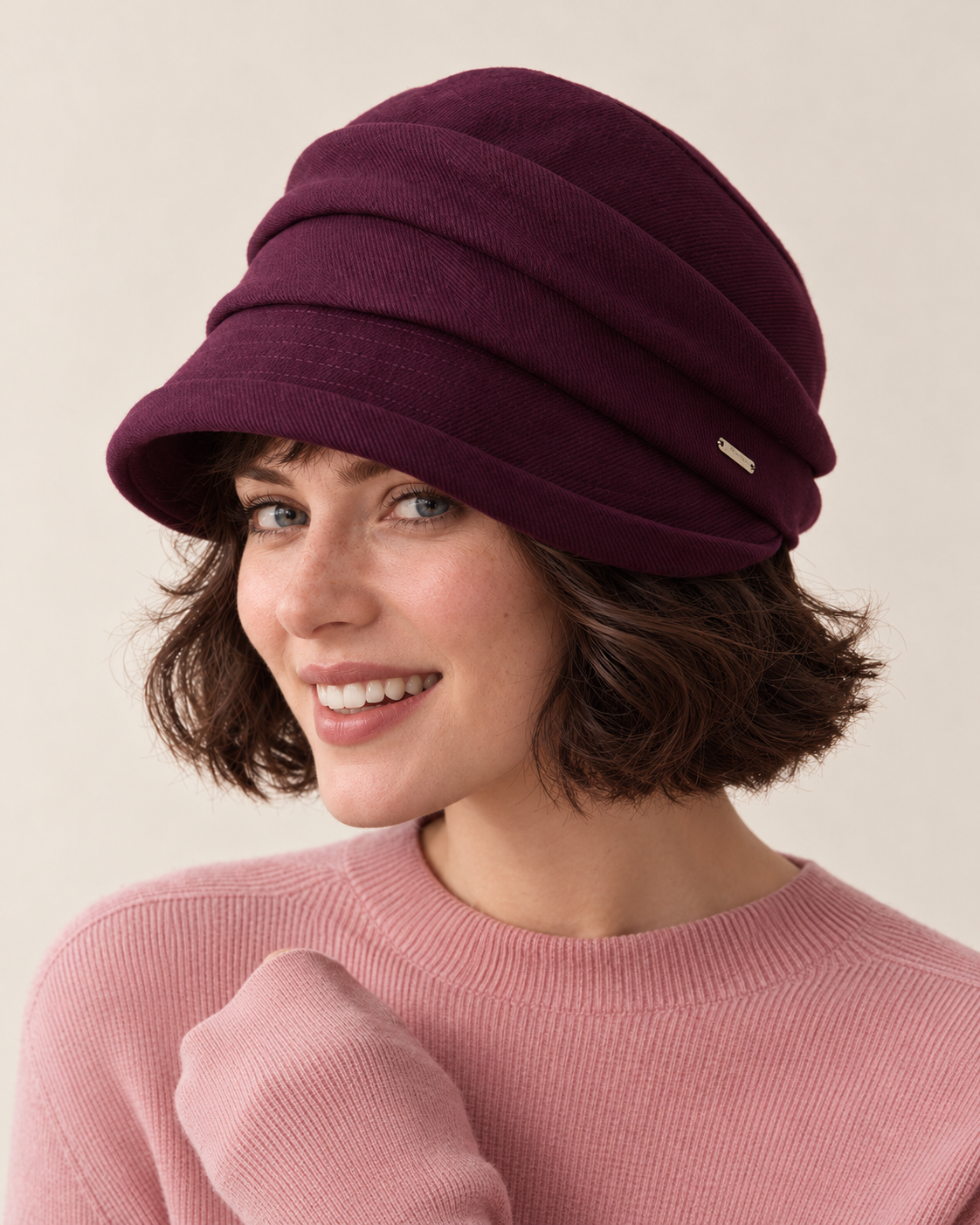 Layered twill cloche hat, plum laugh