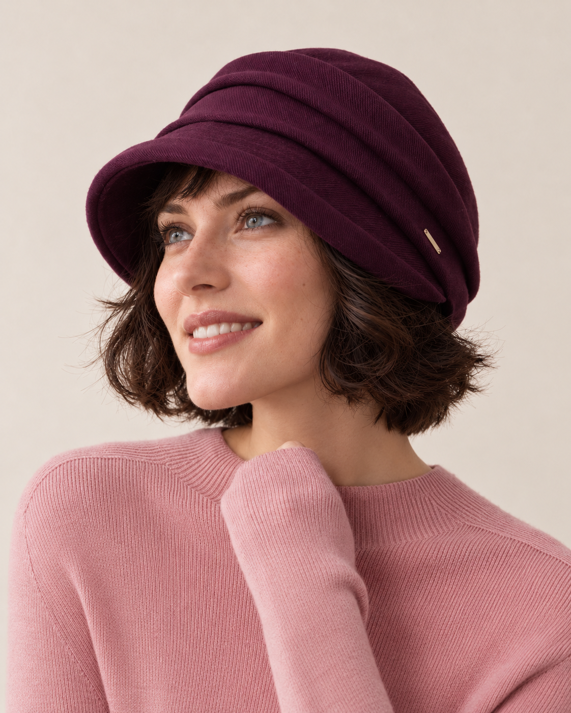 Layered twill cloche hat, plum smile