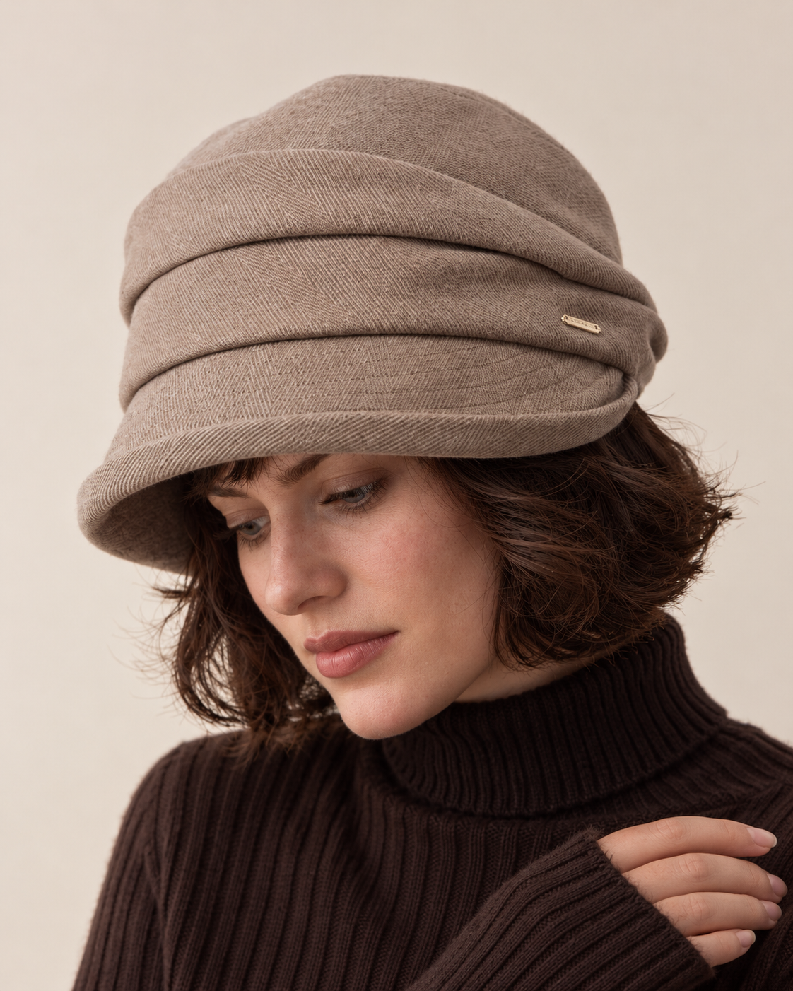 Layered twill cloche hat, taupe down