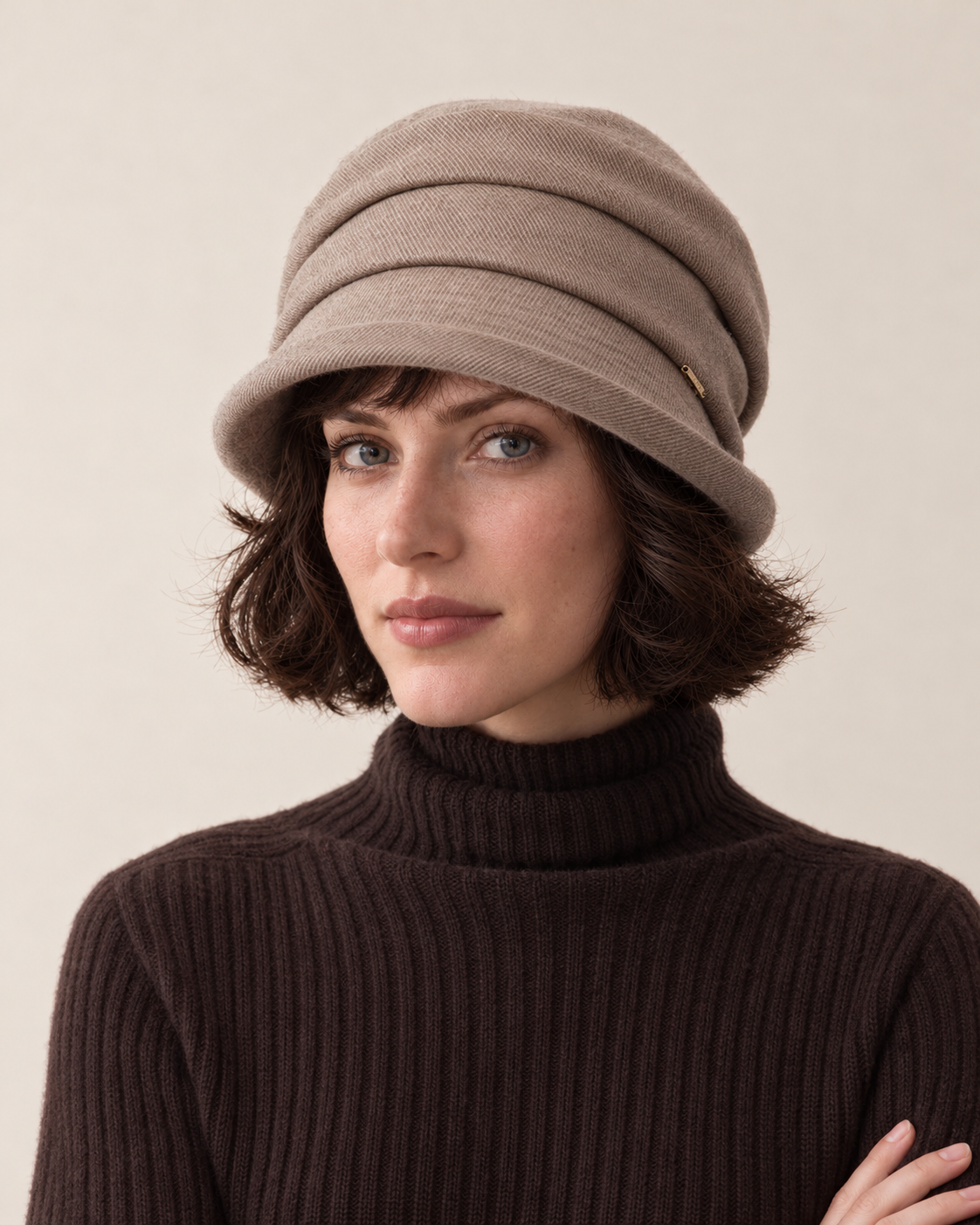 Layered twill cloche hat, taupe front