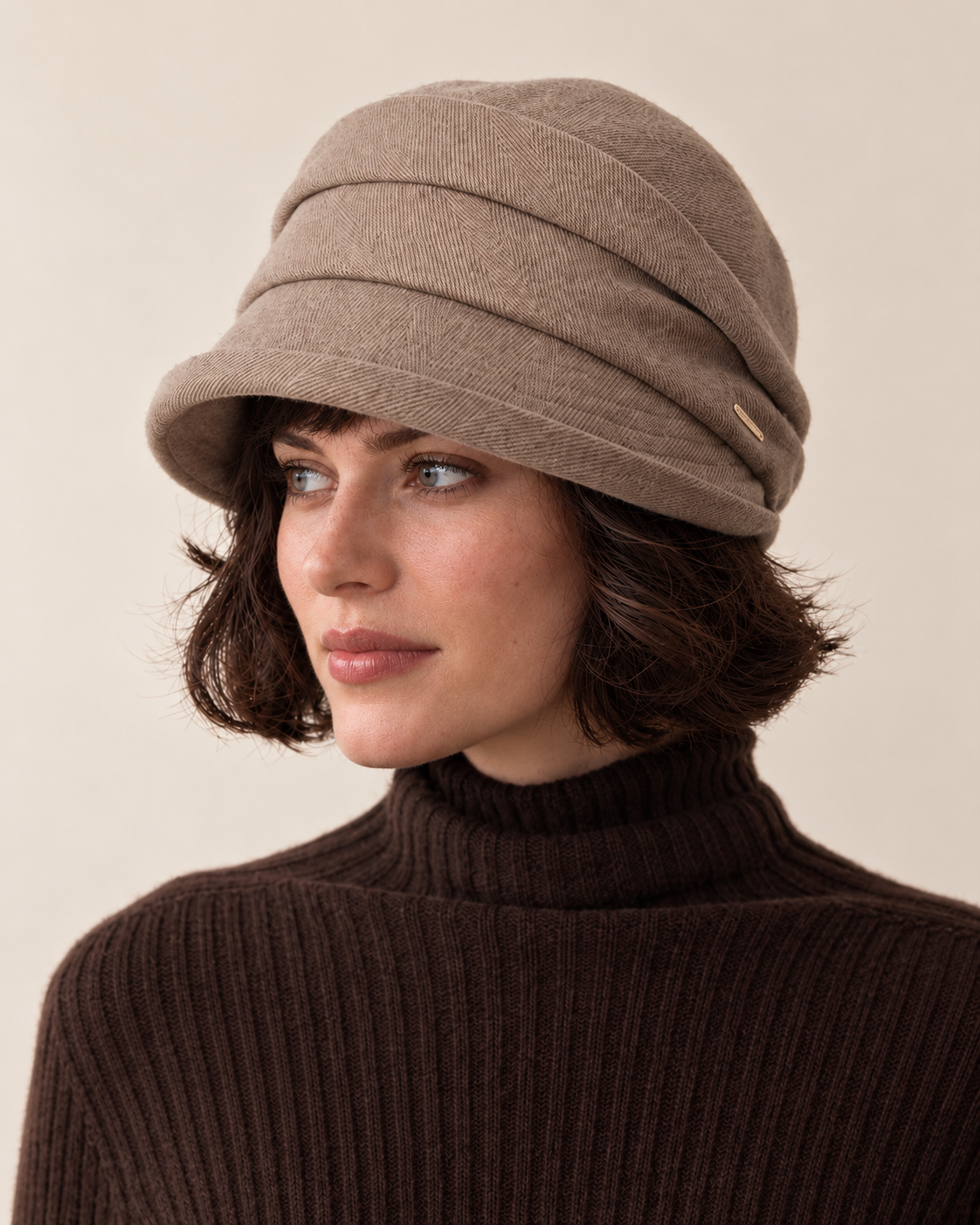 Layered twill cloche hat, taupe side