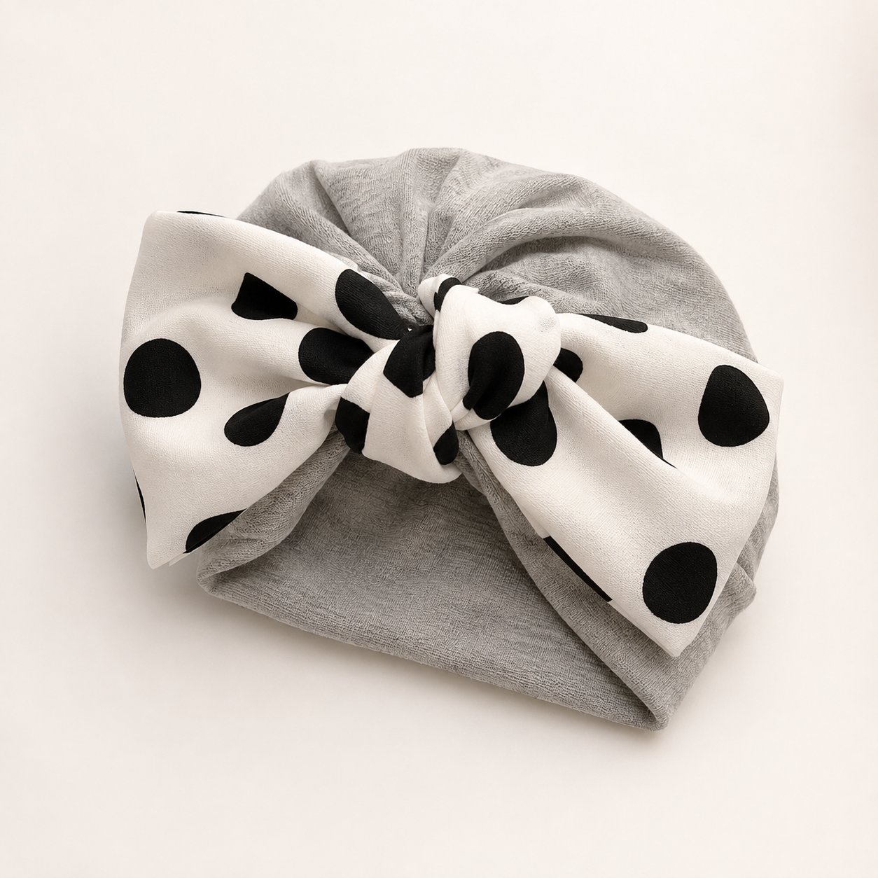 Light grey modal cotton turban hair wrap with a polka dot bow