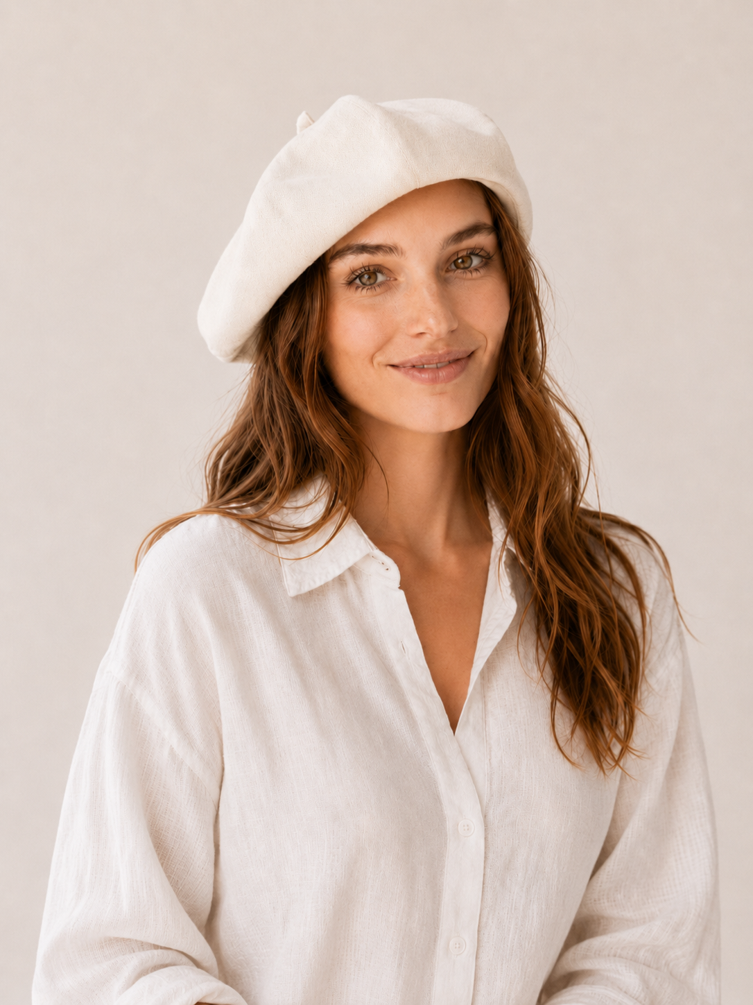 Woman wearing oversized linen French beret – Beige