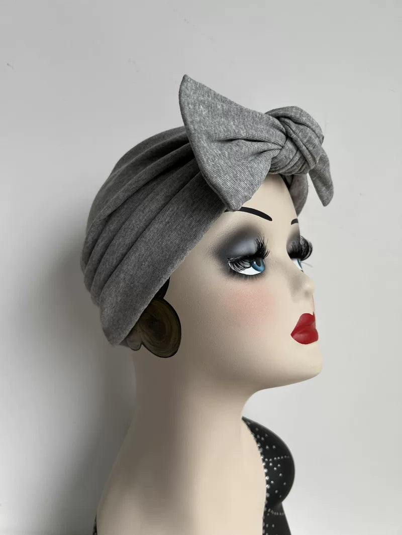 Medium grey modal cotton turban hair wrap with a matching bow