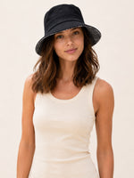 Reversible Linen Bucket Hat for Women – Black, worn by model, 2-in-1 reversible sun hat