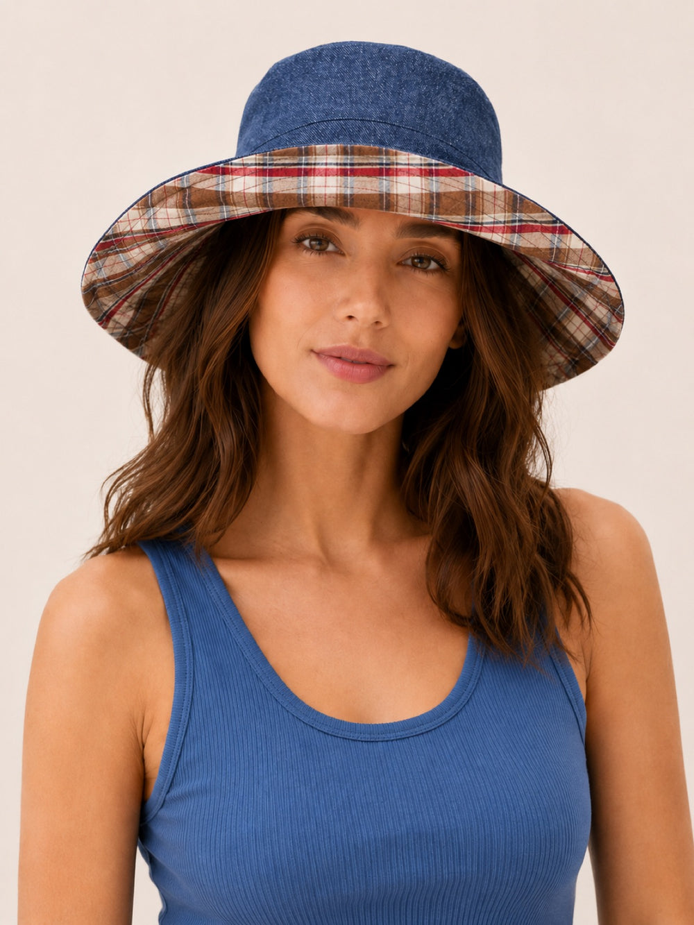 Reversible Linen Bucket Hat for Women – Brown Check, worn by model, 2-in-1 reversible sun hat