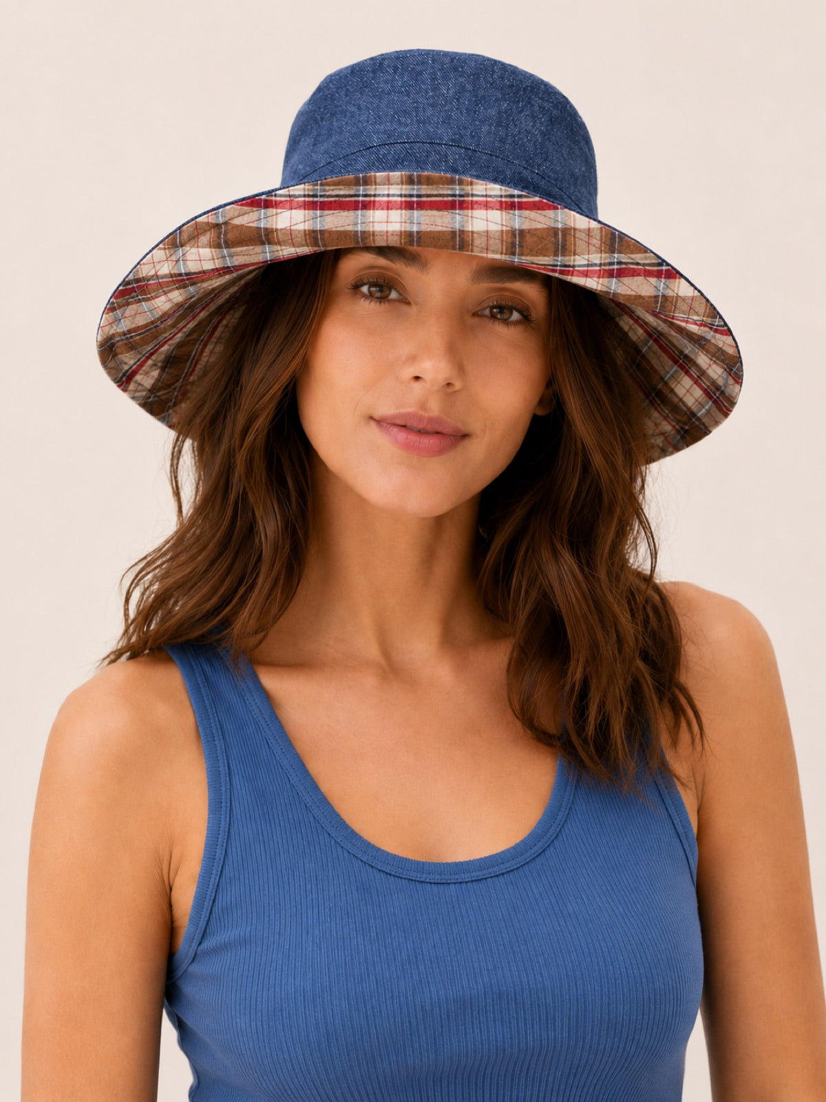 Reversible Linen Bucket Hat for Women – Brown Check, worn by model, 2-in-1 reversible sun hat