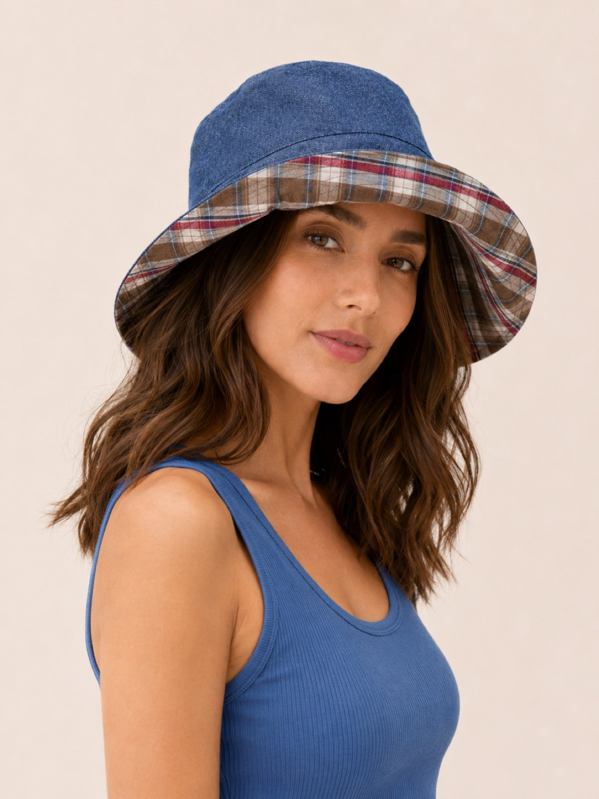 Reversible Linen Bucket Hat for Women – Brown Check, worn by model, 2-in-1 reversible sun hat