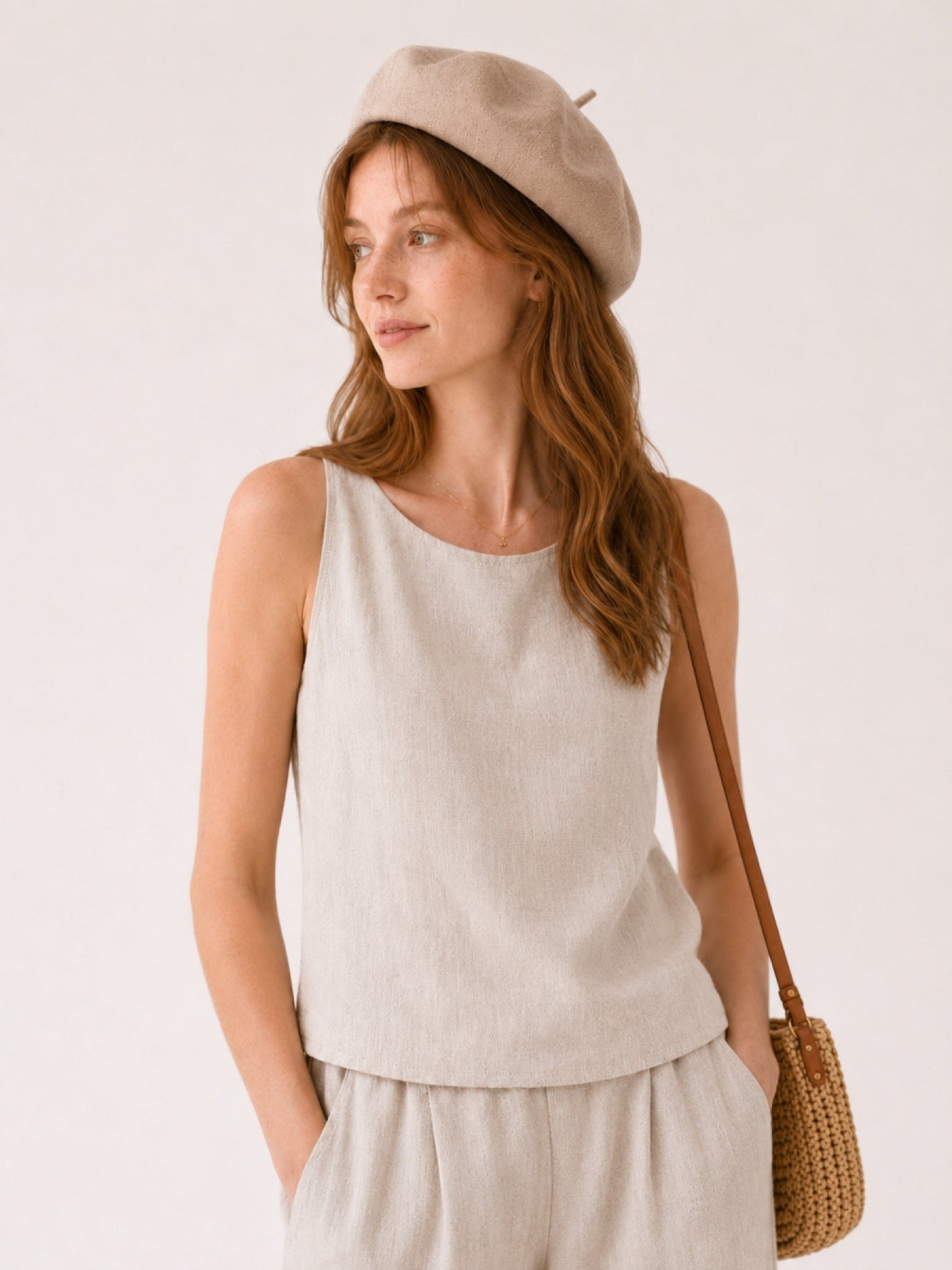 Woman wearing oversized linen French beret – Camel