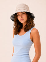 Reversible Linen Bucket Hat for Women – Camel, worn by model, 2-in-1 reversible sun hat