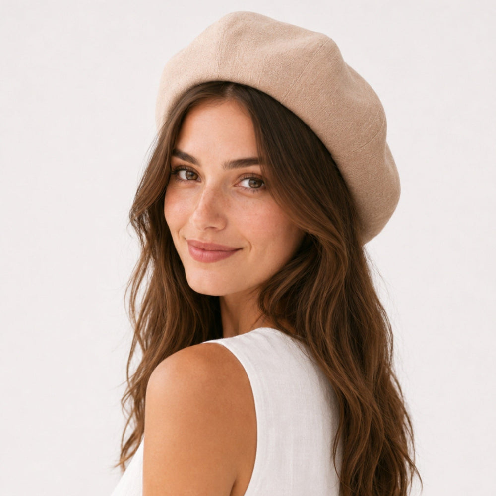 Woman wearing camel linen beret