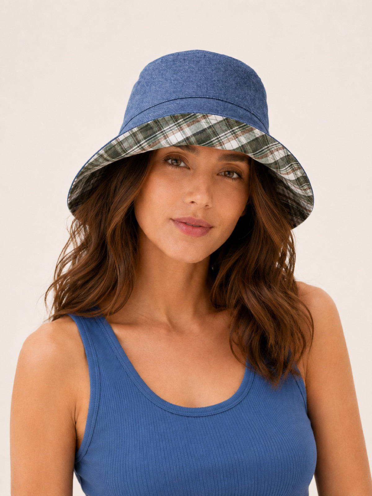 Reversible Linen Bucket Hat for Women – Green Check, worn by model, 2-in-1 reversible sun hat