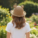 Cat Ear Straw Hat adult model - Back view showing hat construction and ears