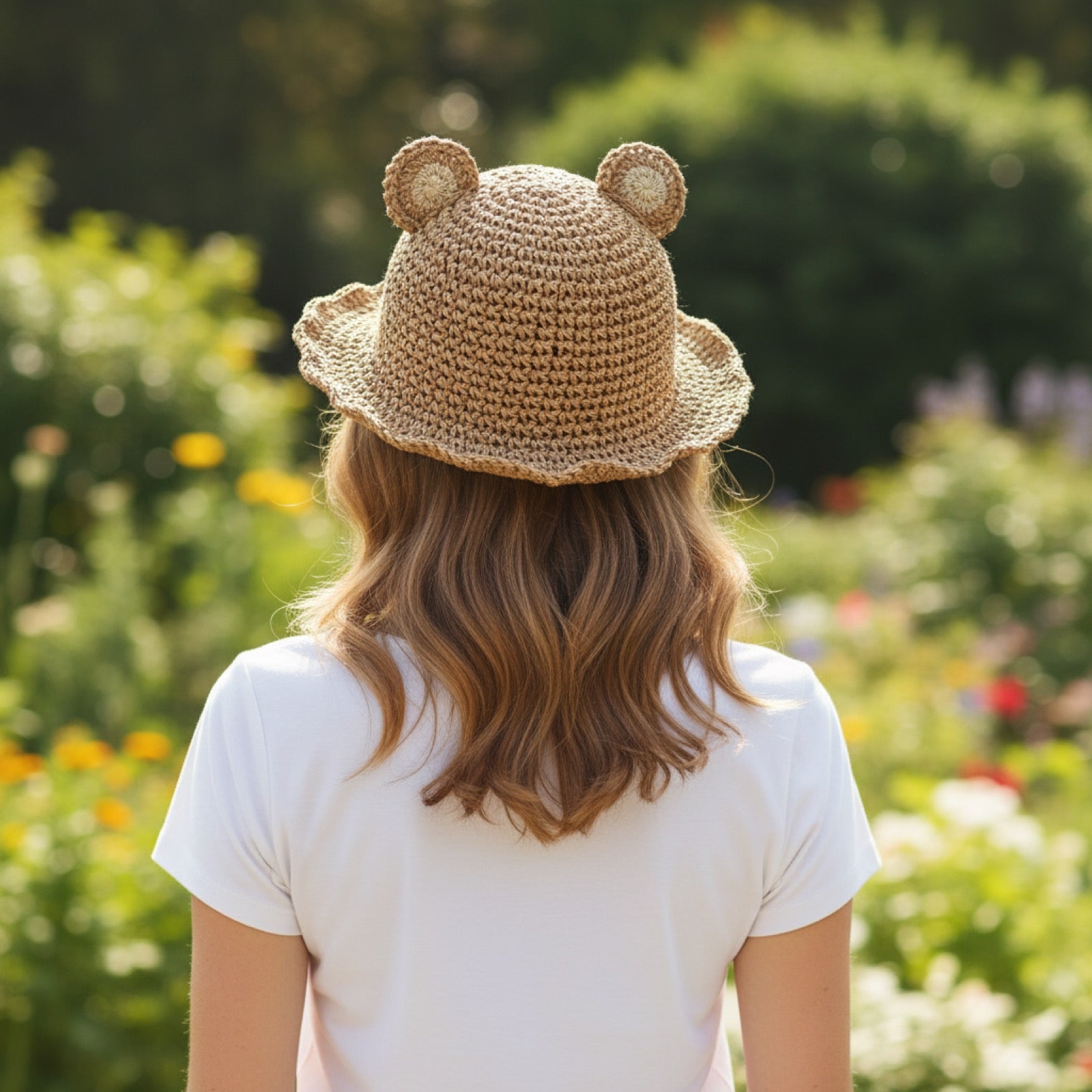 Cat Ear Straw Hat adult model - Back view showing hat construction and ears