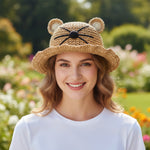 Cat Ear Straw Hat worn by adult woman - Front view showing round animal ears clearly
