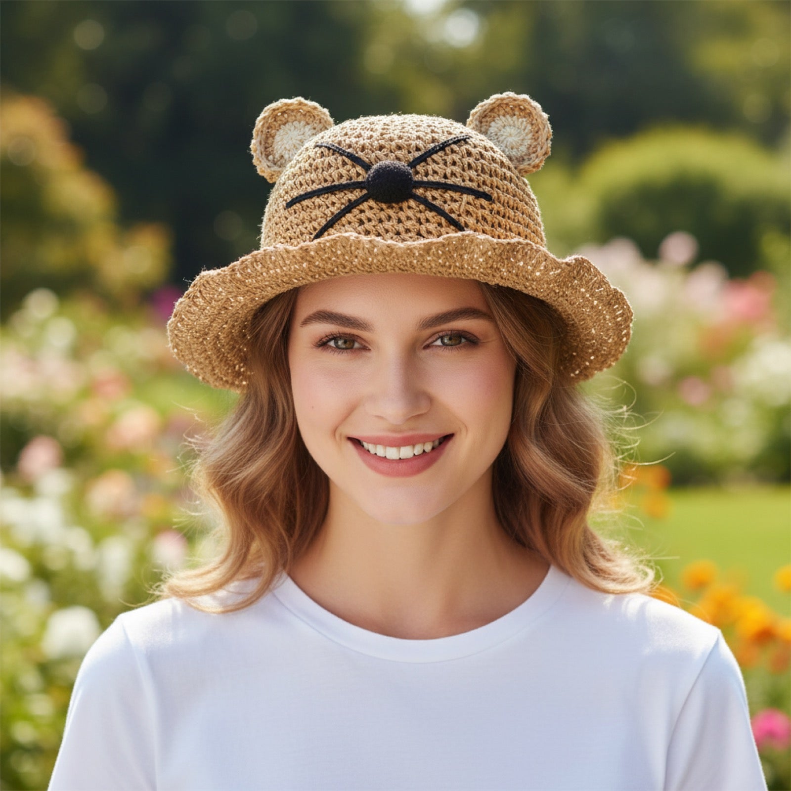 Cat Ear Straw Hat worn by adult woman - Front view showing round animal ears clearly