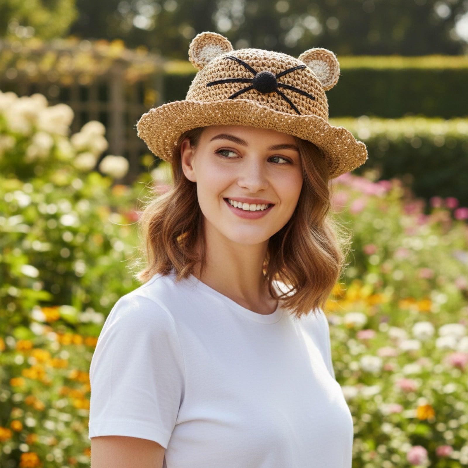 Cat Ear Straw Hat adult model - Three quarter view outdoor garden