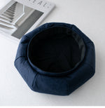Navy linen beret interior detail showing soft black lining and eight-panel construction