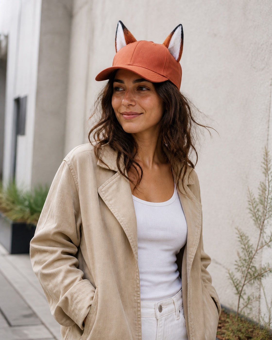 Adult model wearing the rust-orange fox-ear baseball cap in a natural editorial portrait