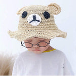 Bear Ear Straw Hat on child - Beige bear design with panda face embroidery