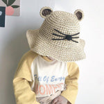 Cute Cat Ear Straw Sun Hat worn by toddler - Beige cat design with whiskers