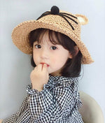 Cat Ear Straw Hat for kids - Beige cat design side view on child girl