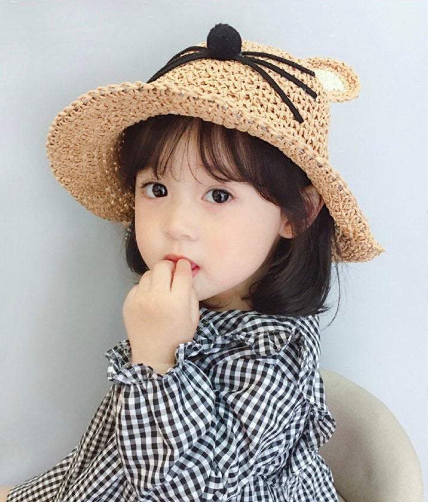 Cat Ear Straw Hat for kids - Beige cat design side view on child girl