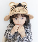 Cat Ear Straw Hat on toddler girl - Beige cat close-up front view with whiskers