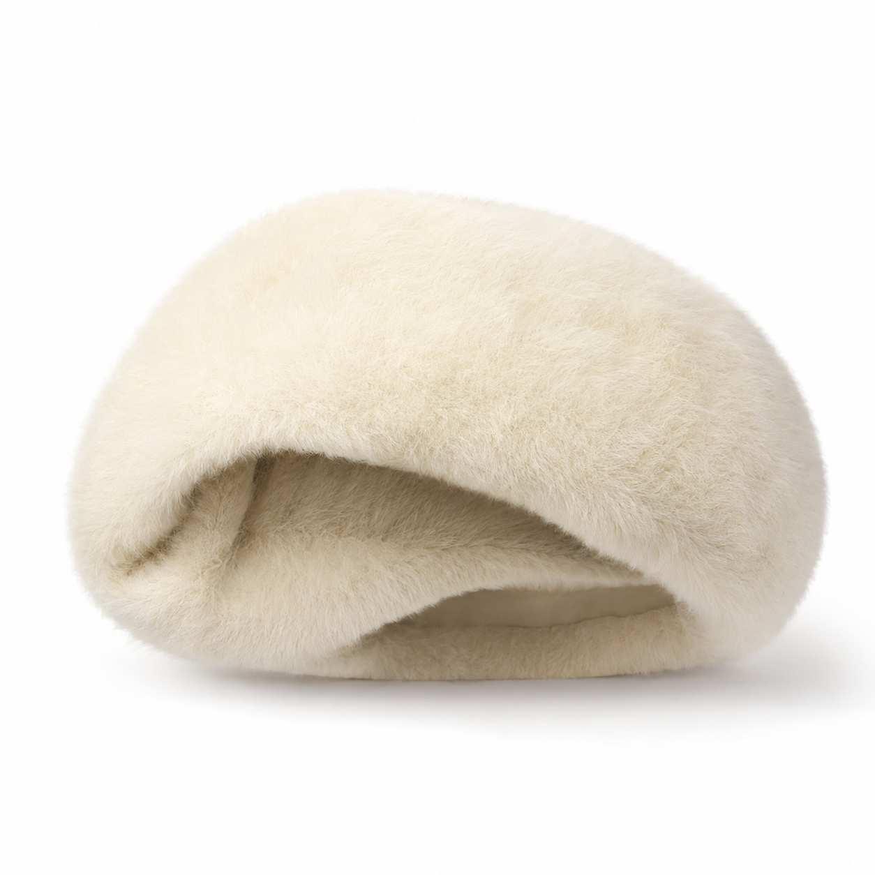 Folded oversized rabbit-hair blend beret showing soft plush construction