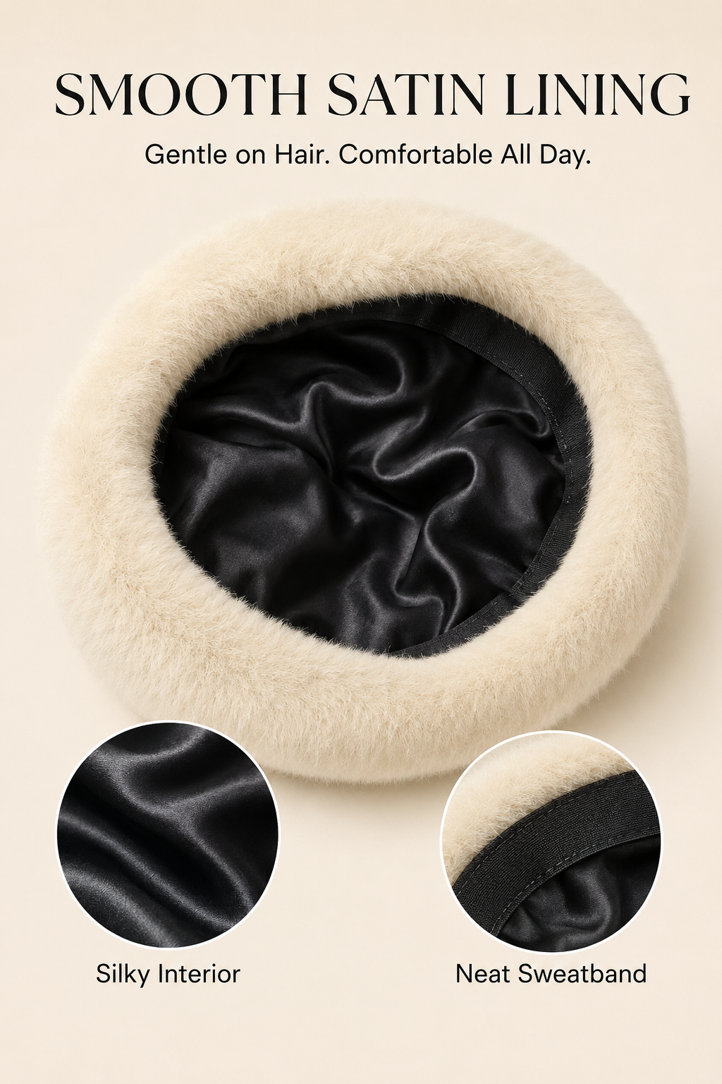 Satin-lined oversized rabbit-hair blend beret with silky interior and neat sweatband