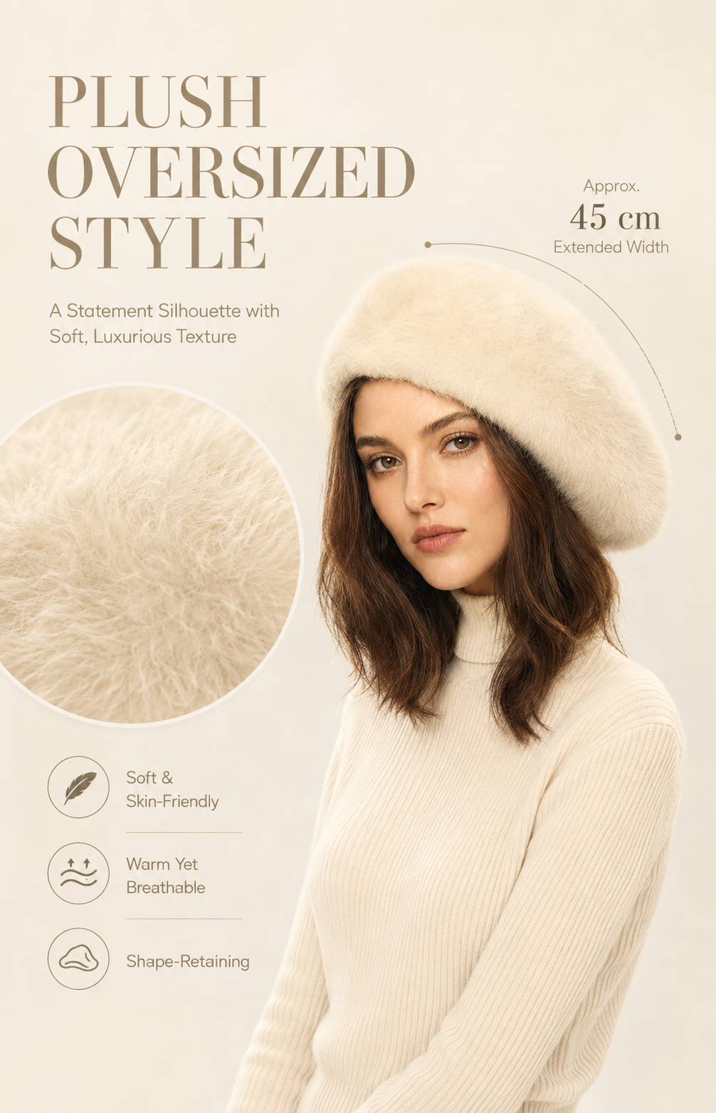 Oversized rabbit-hair blend beret showing plush texture and flexible statement silhouette