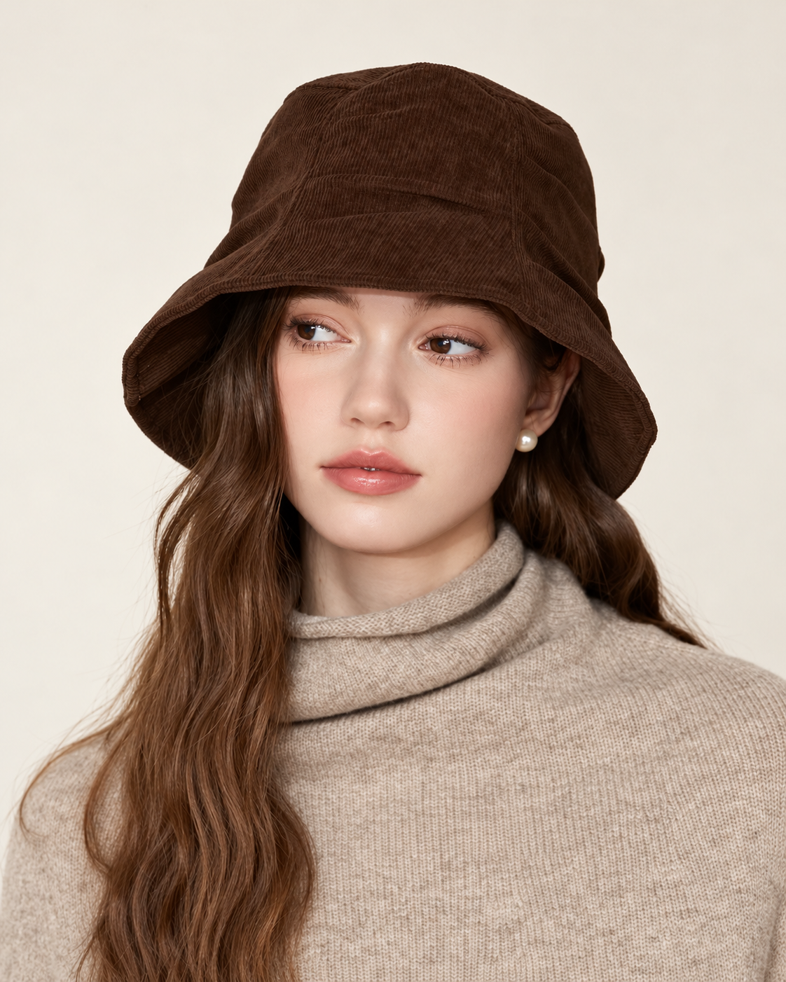 Pleated corduroy bucket hat - coffee model side