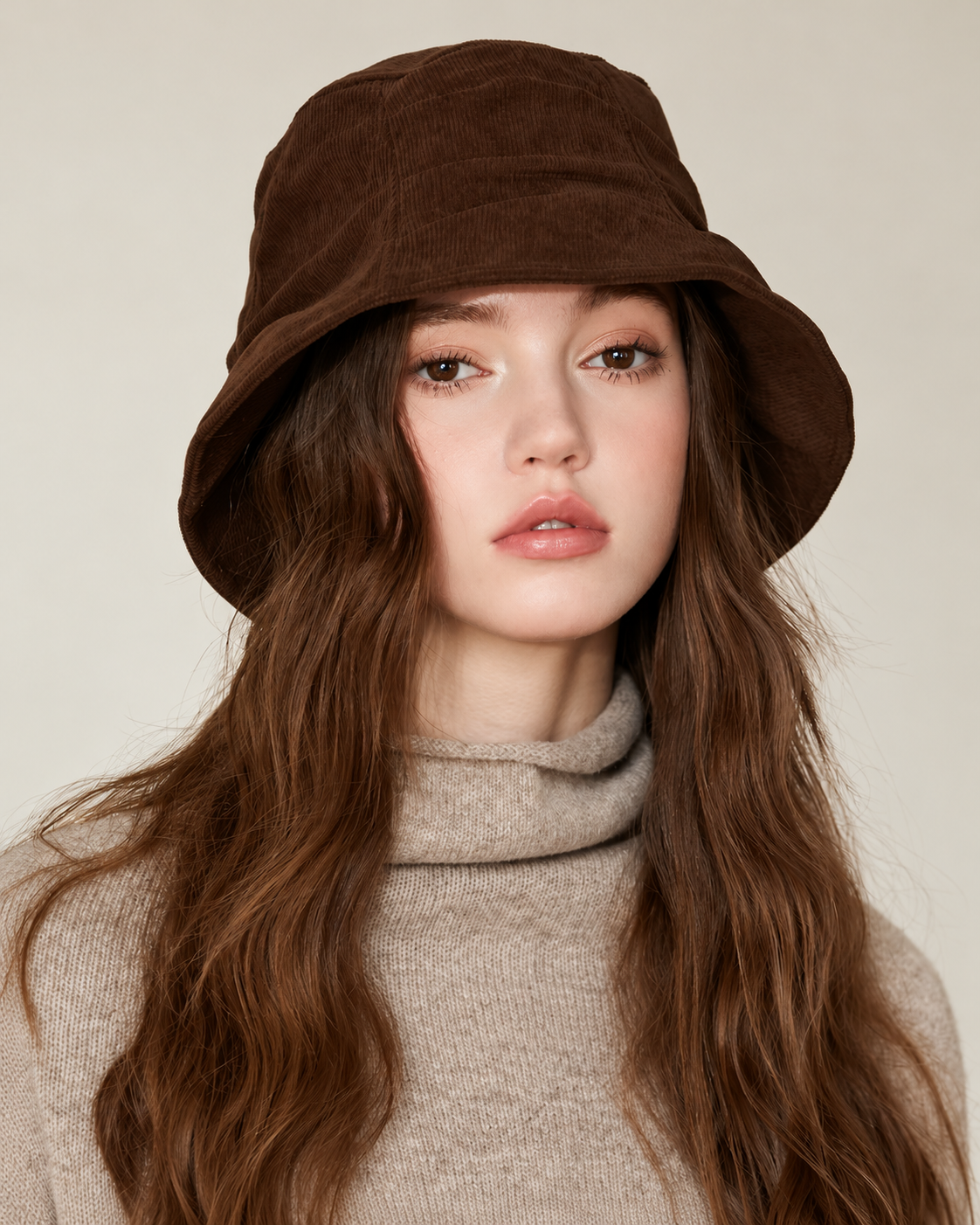 Pleated corduroy bucket hat - coffee model three quarter