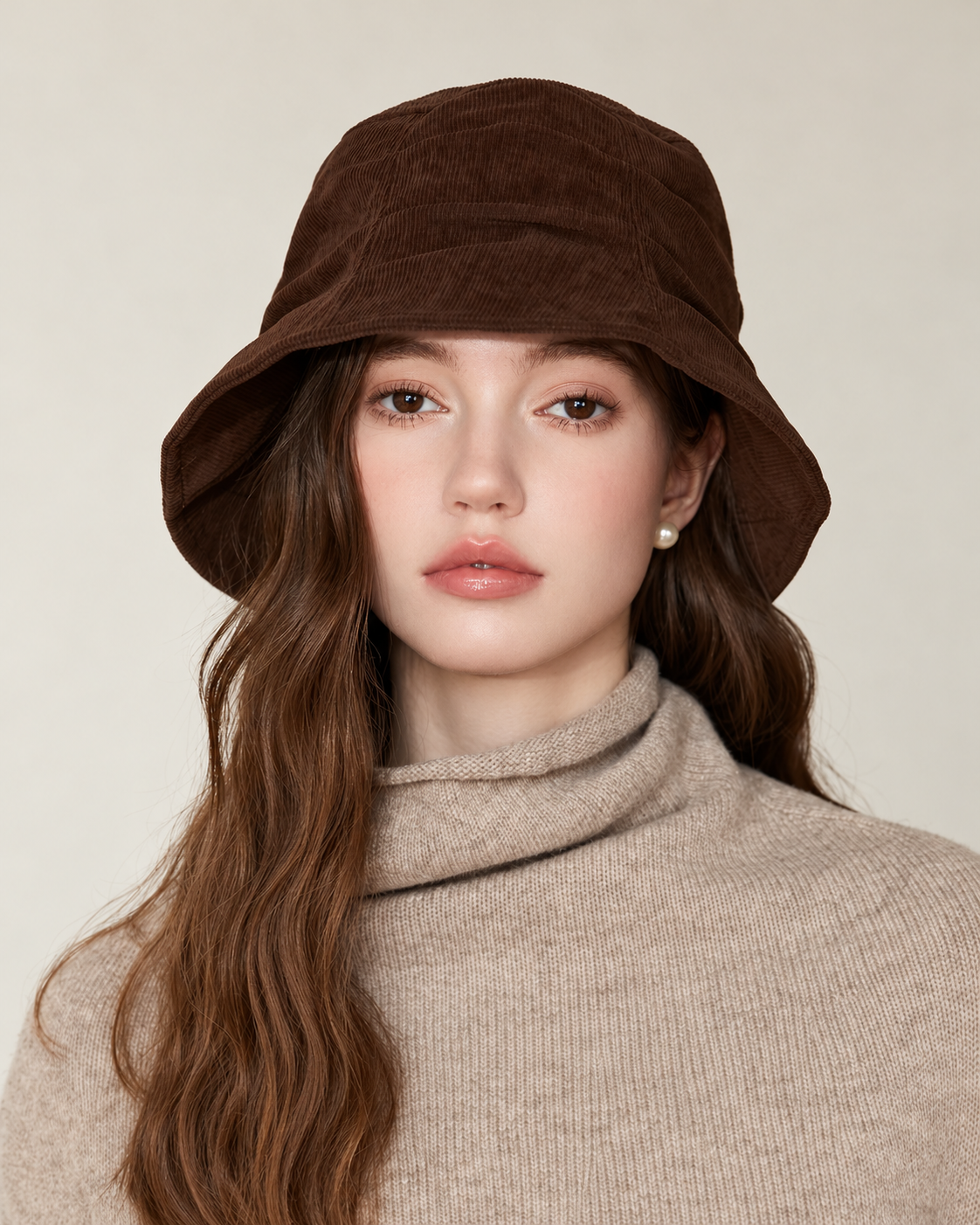 Coffee brown pleated corduroy bucket hat on model, front view