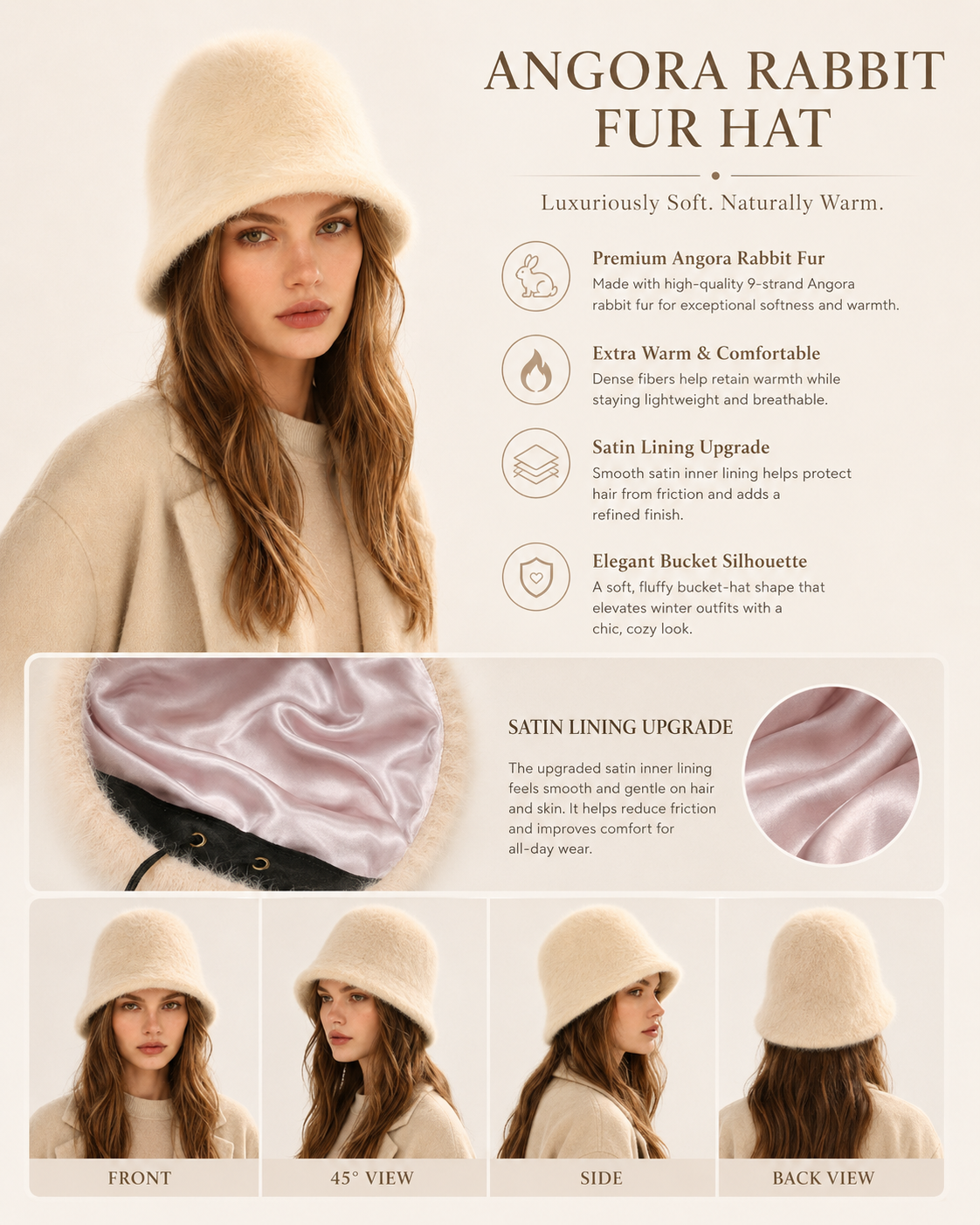 Cream rabbit-hair blend bucket hat with satin lining, benefits and viewing angles