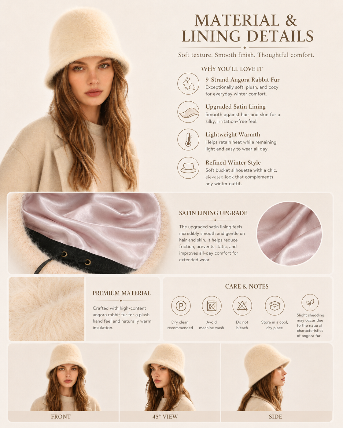 Rabbit-hair blend bucket hat material, satin lining, care and viewing angles