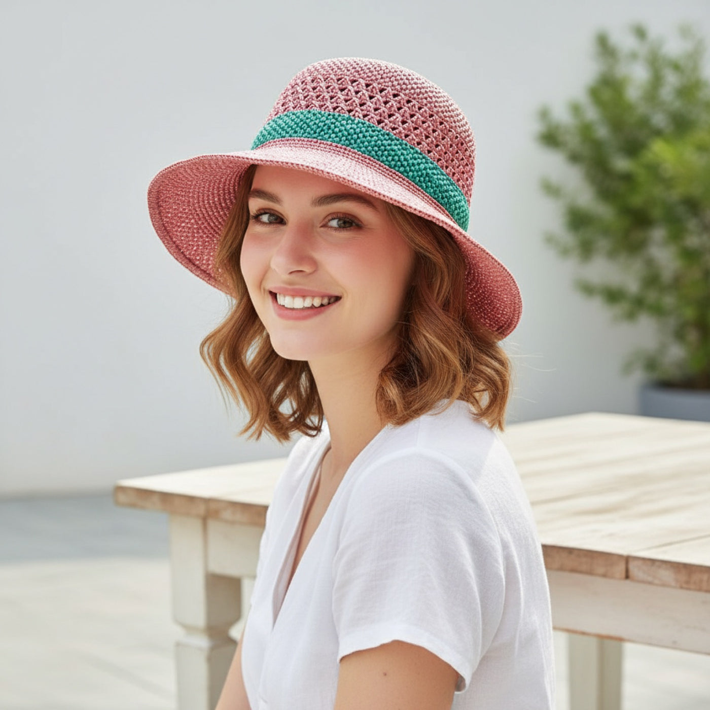 Colourful Raffia Sun Hat - Model Wearing three-quarter View