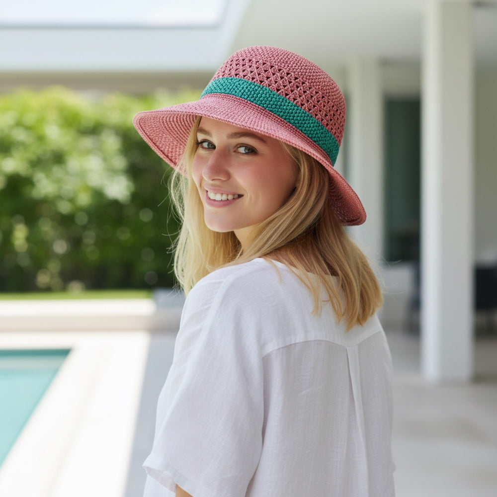 Colourful Raffia Sun Hat - Model Wearing back View