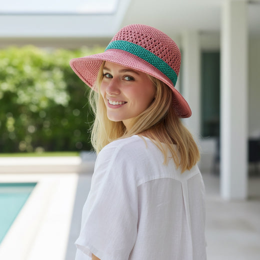 Colourful Raffia Sun Hat - Model Wearing back View