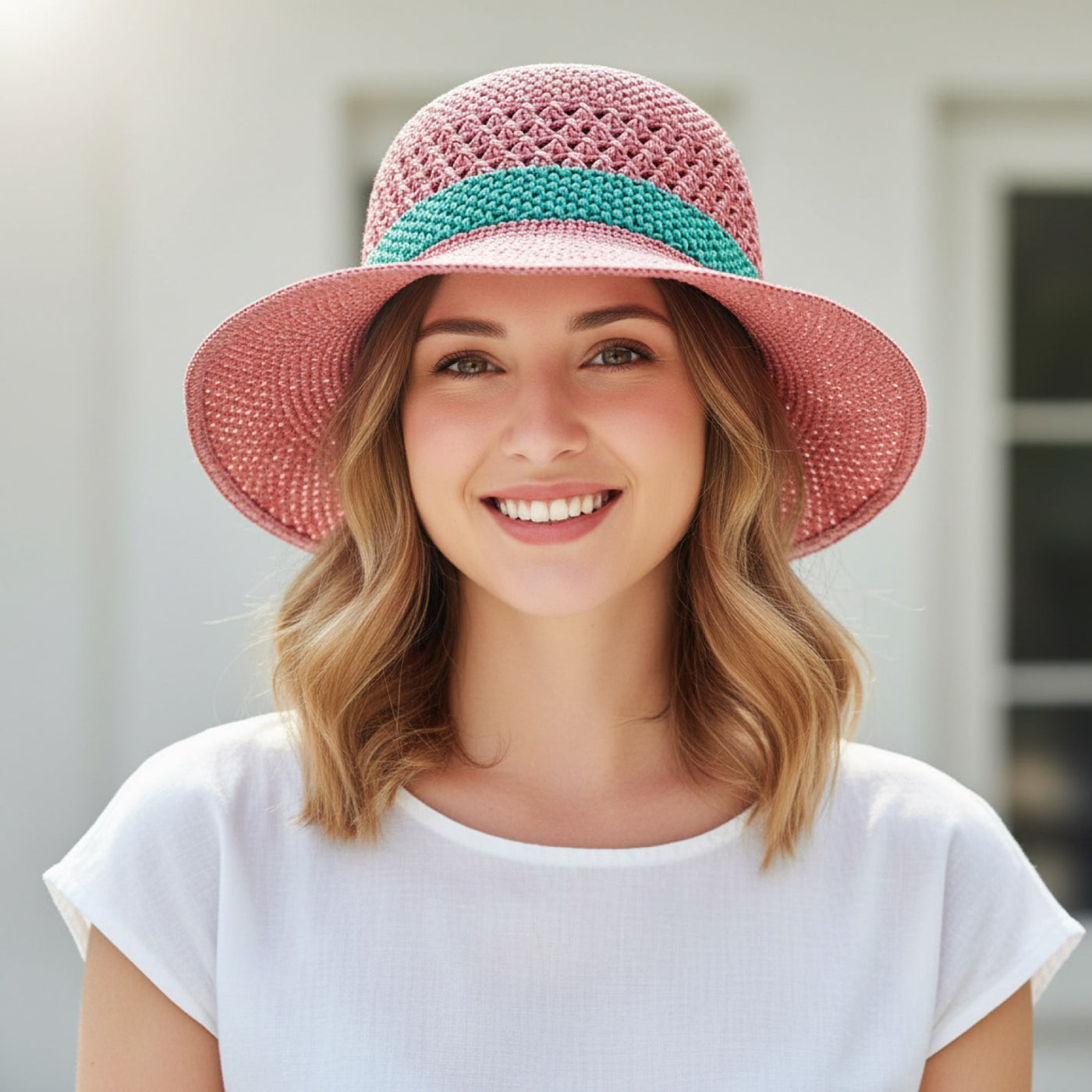Colourful Raffia Sun Hat - Model Wearing front View