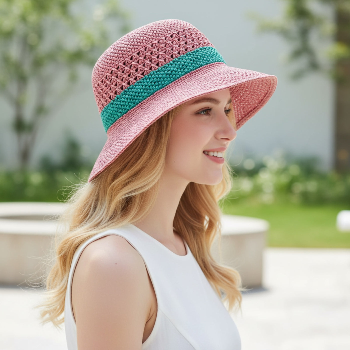 Colourful Raffia Sun Hat - Model Wearing side View