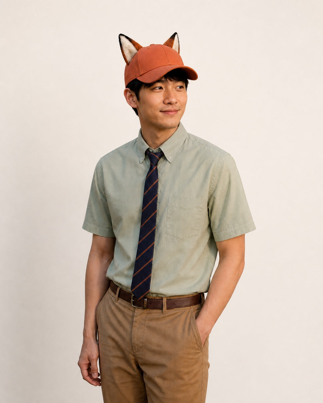 Man wearing a rust orange fox ear cap with a sage shirt and striped tie on a warm off-white background