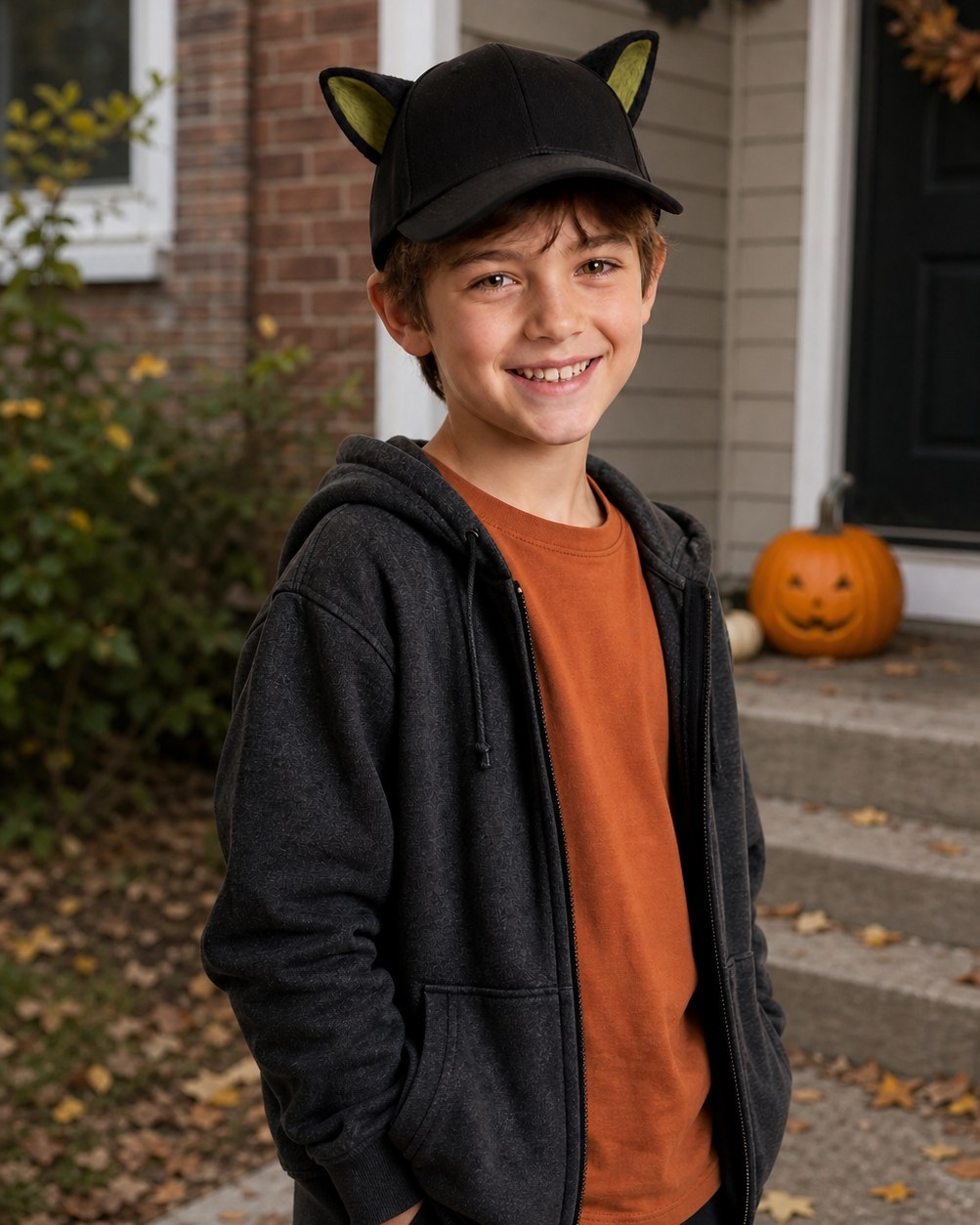Child wearing the black animal-ear baseball cap with olive inner ears outside a Halloween porch